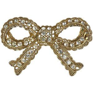 Vintage Large Clear Rhinestone Bow Brooch Gold Tone Pin 3 3/4 Inch L N